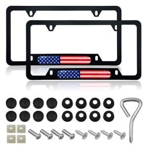 Gasedin 2 PCS Flag License Plate Frame, American Flag Patriotic Stainless Steel Auto Plate Cover, Vintage US Rust-Proof Vehicle License Plate Holder, Universal Car Accessories (Black&Colorful)