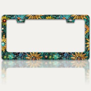 Beautiful Glass Flowers License Plate Frame Colorful Floral License Plate Holders Funny Stainless Steel Auto Accessory Bracket 2 Hole with Screws Universal Us Car License Plate Frames 6x12 Inch