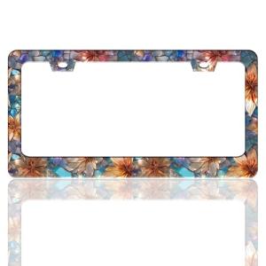 Beautiful Glass Flowers Pattern License Plate Frame Floral Stainless Steel License Plate Holder For Front And Rear Car Tags Funny For Car Decoration Accessories With Screws 6.3 X 12.2 In For Women Men