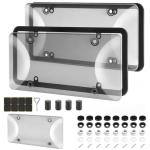 2 Pack License Plate Protector & Frame Combo, Clear Plastic Car Front/Rear Covers with Screws Caps, Universal Fit Car Accessories + Bonus Valve Stem Caps, Adhesive Pads & Mini Screwdriver