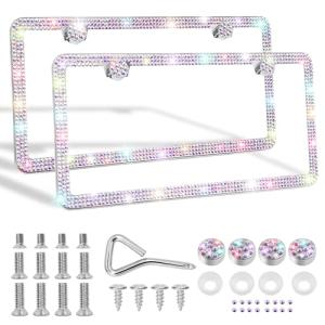 Bling License Plate Frames, 2 Pack Premium Stainless Steel Rhinestone License Plate Holder for Women, Obstruction-Free Sparkly Car Tag Cover with Glitter Crystal Caps (AB Color)