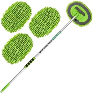 62'' Car Wash Brush with Long Handle Chenille Microfiber Car Wash Mop Mitt Kit Scratch-Free Car Cleaning Brush Care Kits with Replacement Head Supplies for Cars RV Truck Boat