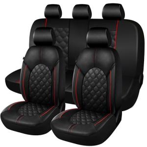 CAROMOP Luxury PU Leather Car Seat Covers Full Set-Waterproof Seat Protectors with Split Bench Seat Covers for Cars-Universal Cars Interior Covers for Sedans, SUVs, Pick-up Trucks (Black/Red Line)