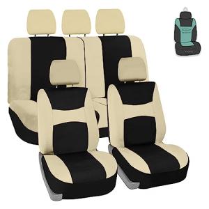 FH Group Full Set Light and Breezy Car Interior Covers-Front and Rear Split Bench Beige Seat Covers,Universal Fit for Cars, Trucks and SUVs