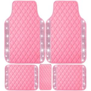NBTEPEM Pink Bling Leather Car Floor Mats Full Set, Sparkly Diamond Car Mats Universal Fit Most Automotive, Glitter Rhinestone Carpet Waterproof Anti-Slip, 5 pcs Set (Pink Leather Diamond)