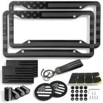 American Flag License Plate Frames Holder - 2 Pack Stainless Steel Rustproof USA Patriotic Car Tag Cover Holder with Free Screws Accessories + Metal Stickers & Keychain & Cup Holder Mats, Black Gray