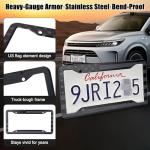 American Flag License Plate Frames Holder - 2 Pack Stainless Steel Rustproof USA Patriotic Car Tag Cover Holder with Free Screws Accessories + Metal Stickers & Keychain & Cup Holder Mats, Black Gray