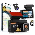 SIXTOP 4K Dash Cam Front and Rear, WiFi 4K+1080P Dual Dash Camera for Cars, 64G Card, GPS, 3” IPS Screen BSD/ADAS/LCA Night Vision G-Sensor Loop Recording 24H Parking Monitor App Control Wide Angle
