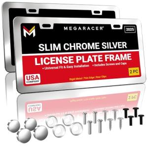 Premium Slim Chrome Silver License Plate Frames – 2 Pack, Rust-Free Stainless Steel, Rattle-Free & Street Legal Universal Fit with Screw Caps, Thin Metal Front & Rear Car Tag Holders - For Men & Women
