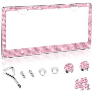 Amiss Bling License Plate Frame for Women, 1Pack Rhinestone Handcrafted Crystal Premium Stainless Steel, Stainless Steel Car Accessories with Diamond Sparkle Glitter Caps (Pink)