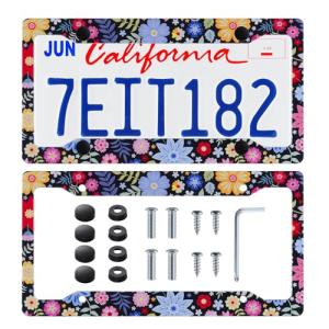 Alpmosn 2PCS Colorful Floral License Plate Frames, 4 Holes Flowers Car License Plate Cover with Screw Washers and Cap, Car Exterior Accessories, License Plate Holders for U.S. Vehicles