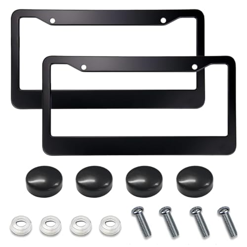 ZIMISI 2PCS Matte Black License Plate Frames, Stainless Steel Tag Frame, Car License Plate Protector Holder with Screws Fasteners Caps, Universal Front & Rear Car License Plate Cover (2 Holes/Black)