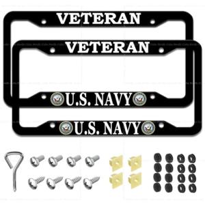 2 Pack Matte Black Veteran License Plate Frames for US Navy, Alloy License Plate Holders for Department of The Navy, 4 Holes Metal Universal US Car License Plate Covers for Don with Screws