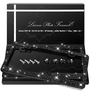 QUANQIUFEI 2 Pack Bling License Plate Frames, Sparkly Rhinestone Diamond Car License Plate Cover for Women, Stainless Steel Car Accessories with Glitter Crystal Caps (Black)