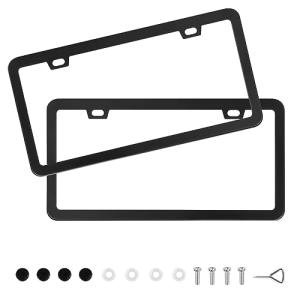 QUANQIUFEI 2 Pack Black License Plate Frames, Stainless Steel License Plate Cover, Matte License Plate Holder Car Accessories with Screw Caps（2 Holes）
