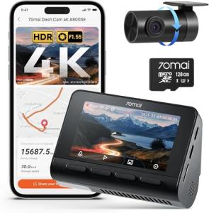 70mai 4K Dash Cam Front and Rear with STARVIS, Built in 5GHz WiFi & GPS Car Camera, Super Night Vision, ADAS, 3'' IPS Screen, 24H Parking Mode, Time-Lapse, Loop Recording, with 128GB Card