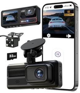 3 Channel Dash Camera for Cars,Triple Lens 4K+1080P+1080P Dash Cam Front Rear Inside,Built-in 5G WiFi & App, Night Vision,24H Parking Mode,Loop Recording,170° Wide Angle,32GB Card Included(Black)
