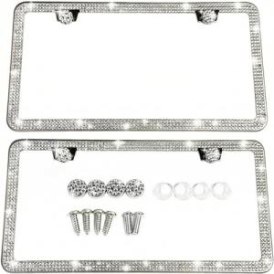 2 Pack Bling License Plate Frames for Women 2 Pack Sparkly License Plate Frame with Bedazzled Diamond Rhinestone Crystals (Silver)