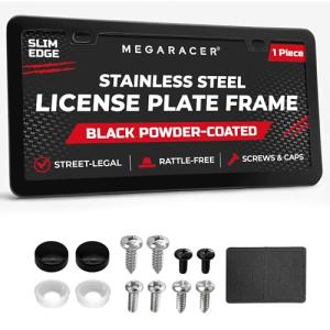 Powder-Coated Matte Black Thin License Plate Frame – 1 Piece, Car Wash Proof Stainless Steel, Rust-Free, Rattle-Free, Street Legal, Slim 2 Hole with Screw Caps, Gloss Metal Front or Rear Tag Holders