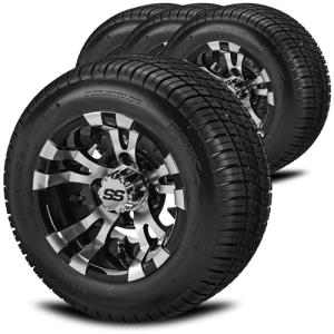 RM Cart 10" Warlock Black/Machined on 205/50-10 Deli Low Pro Tire (Set of 4), Golf Cart Tires and Wheels Combo, Durable and Fits Standard Lug Nuts, (EZ Go and Club Car), Assembled Before Shipping