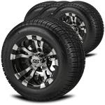 RM Cart 10" Warlock Black/Machined on 205/50-10 Deli Low Pro Tire (Set of 4), Golf Cart Tires and Wheels Combo, Durable and Fits Standard Lug Nuts, (EZ Go and Club Car), Assembled Before Shipping