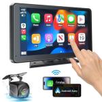Portable Newest Wireless Apple CarPlay and Android Auto Screen for Car, 7" HD Touch Screen Car Stereo with Mirror Link, Bluetooth 5.2, Backup Camera, AUX,FM Transmitter for All Vehicle