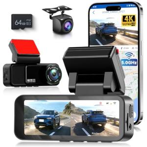 4K Dash Cam Front and Rear Full HD Dash Camera for Cars, Free 64GB Card, Built-in GPS/WiFi, 3.16" IPS Screen Dashcam Support App Control, G-Sensor, Night Vision, 24H Parking Mode