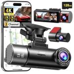 4K+2K+2K 3 Channel Dash Cam Front and Rear, 128GB Card Included, Dash Camera for Cars 5.8G/2.4G Dual Wifi, Built-in GPS, Night Vision, WDR, 170°Wide Angle, G-Sensor Emergency Lock, 24H Parking Monitor