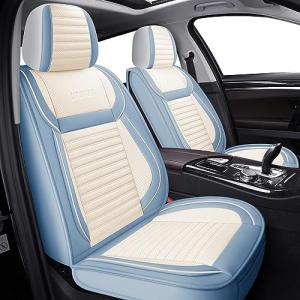 LINGVIDO Front Car Seat Covers, Faux Nappa Leather, Airbag Compatible and Waterproof Protectors for Sedans SUVs, Breathable Anti-Slip Interior for Commuters and Rideshare, White/Light Blue