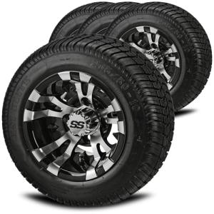 RM Cart 10" Warlock Black/Machined on 205/50-10 LSI Elite Low Pro Tire (Set of 4), Golf Cart Tires and Wheels Combo, Fits Club Car & EZ-Go carts