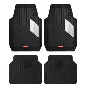 Coverado Car Floor Mats Full Set – Heavy-Duty PVC Floor Mats with Silver Metallic Heel Pad, All-Weather Protection for Front & Rear, Non-Slip Backing, Easy-Clean Interior Liners