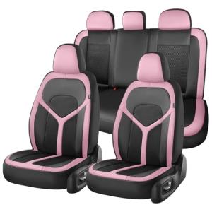 FLORICH Car Seat Covers Full Set, Universal Seat Cover 5 Seats, Automotive Seat Covers with Mesh Leather, Waterproof Car Seat Protector, Breathable Car Seat Cushion for Most Car SUV Truck, Pink
