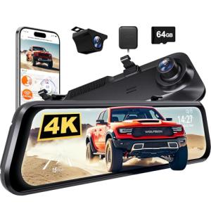 WOLFBOX G850 PRO 4K Mirror Dash Cam with ADAS and BSD, Smart Rear View Mirror with 5.8GHz WiFi, Voice Control, 12 inches Camera Includes 64GB Card, GPS, G-Sensor, Loop Recording
