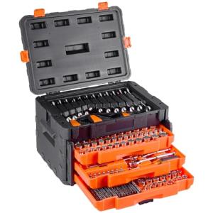 VEVOR Mechanics Tool Set and Socket Set, 450 Pcs, 1/4, 3/8 and 1/2 inch Drive Deep and Standard Sockets, SAE Metric Mechanic Tool Kit with Bits, Wrenches, Accessories, Storage Case with Orange Drawer
