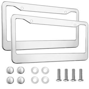 2PCS Chrome License Plate Frame, 2 Holes Silver Stainless Steel License Plate Frames, Universal Car License Plate Holder for Man, Licence Plate Frame and Screws, by Lengnoyp