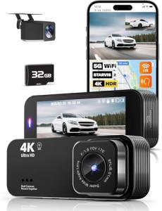 Dash Cam Front and Rear, 4K+1080P Dual Dash Camera for Cars with 5G WiFi, Built-in 32GB Card, Night Vision, G-Sensor, 24H Parking Mode