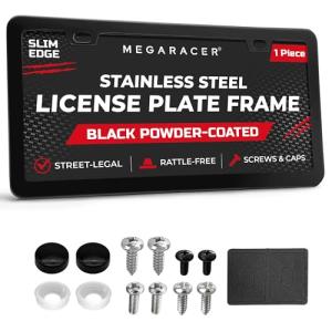 Powder-Coated Matte Black Thin License Plate Frame – 1 Piece, Car Wash Proof Stainless Steel, Rust-Free, Rattle-Free, Street Legal, Slim 2 Hole with Screw Caps, Gloss Metal Front or Rear Tag Holders