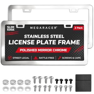 Premium Slim Chrome Silver License Plate Frames – 2 Pack, Rust-Free Stainless Steel, Rattle-Free & Street Legal Universal Fit with Screw Caps, Thin Metal Front & Rear Car Tag Holders - For Men & Women
