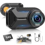 NHOPEEW Motorcycle Dash Cam 1080P/2K HD WiFi Mini Screenless Motorbike Driving Recorder, IP66 Waterproof Front Camera, Wide Angle, Loop Recording, App Control & Button Photo + 64G Memory Card