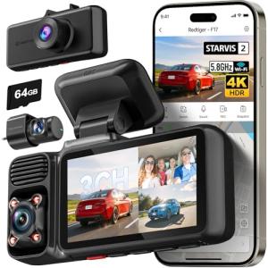 REDTIGER 4K 3 Channel Dash Cam, 5GHz WiFi Built-in GPS with 64GB Card, 2160P+1080P+1080P Front and Rear Inside, Triple Car Camera with 3 Inch Screen, IR Night Vision, G Sensor, WDR, Parking Mode(F17)