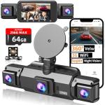 4 Channel Dash Cam Front and Rear Cabin, 360° Dash Camera ，Night Vision 8 IR Lamps Dash Camera for Cars, 5G WiFi for Download, G-Sensor, 24H/7 Parking Mode with 64GB Card,Support 256 GB Max
