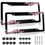 Cherry Blossom License Plate Frame Pink License Plate Cover Funny Auto Accessory Bracket Aluminum Metal Black License Plate Frames for Women Men (Set of 2, 12.3" x 6.3")
