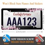 Cherry Blossom License Plate Frame Pink License Plate Cover Funny Auto Accessory Bracket Aluminum Metal Black License Plate Frames for Women Men (Set of 2, 12.3" x 6.3")