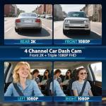 Dash Cam 4 Channel 360° Coverage - Front 4K + Triple 1080P HD Car Camera Built-in WiFi Car Camera with App, G-Sensor/Night Vision/Parking Mode/Loop Recording Free 64GB SD Card