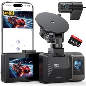 4K Dash Cam Front Rear, Dual Channel Dash Cams with 64GB Card 4K+1080P, Dash Camera for Cars with 5G WiFi, APP Control,2.0" IPS Screen,Night Vision,G-Sensor,170°Wide Angle,Parking Mode,Loop Recording