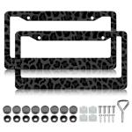 Black Leopard Print License Plate Frames - 2 Pack Animal Cheetah Print License Plate Holder Covers, Aluminum Metal Rust-Proof Waterproof Car Tag Frame with Screws Fasteners Caps