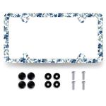 Blue Boho Flowers License Plate Frame Cute Floral License Plate Personalise Auto Parts for Men Women Car Decoration Stainless Steel Funny License Plate Holder with Screws 12.2" x 6.2"