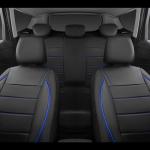 CAR PASS Universal FIT Piping Leather Two Front Seat Covers, Waterproof Faux Leather for SUV Sedan Van Truck, Airbag Compatible,Reserved Opening Holes for Headrest Covers. (Black and Blue)