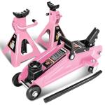 PM PERFORMOTOR Low Profile Hydraulic Trolley Service/Floor Jack Combo with 2 Ratchet Jack Stands, 2 Ton (4000 lbs) Capacity, Pink, PM-TOL-FJ3P-PK