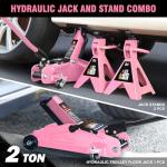 PM PERFORMOTOR Low Profile Hydraulic Trolley Service/Floor Jack Combo with 2 Ratchet Jack Stands, 2 Ton (4000 lbs) Capacity, Pink, PM-TOL-FJ3P-PK